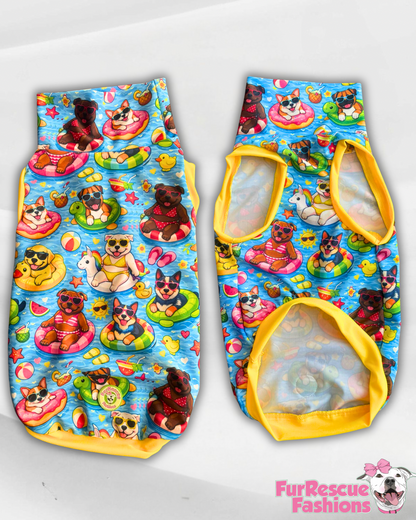 Pup Pool Pawty - Dog Pajama with Yellow Neck & Trim/Sleeves