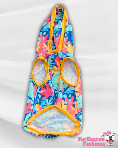 Tropical Coral Reef - Dog Pajama with Mustard Neck & Trim/Sleeves
