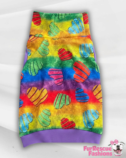 Rainbow Pride Hearts - Dog Pajama with Purple Neck & Trim/Sleeves