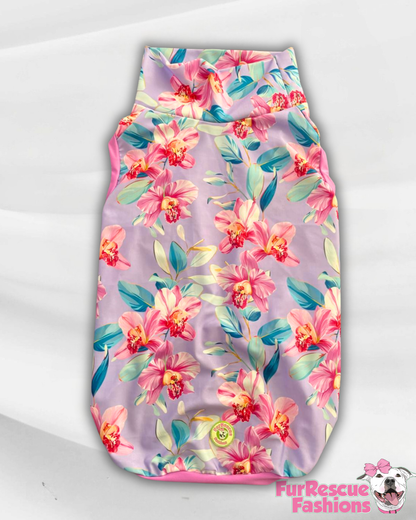Tropical Orchid Dreams - Dog Pajama with Lavender Neck & Trim/Sleeves