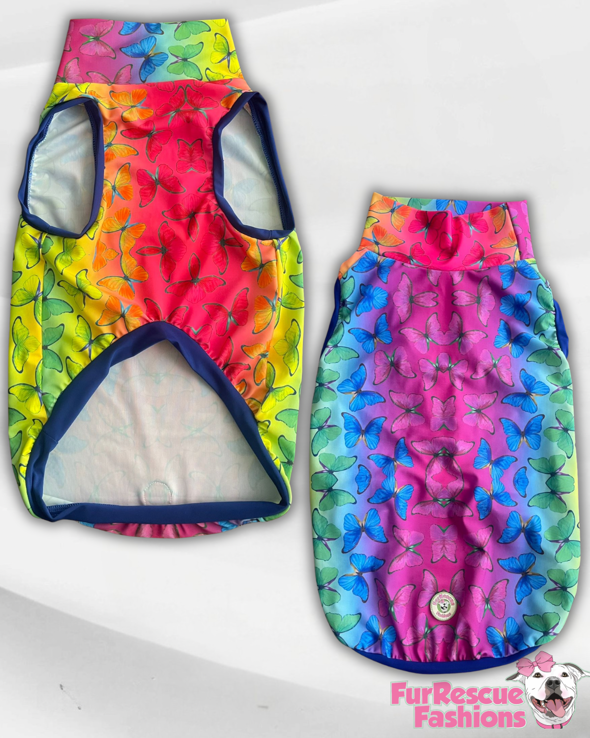 Rainbow Butterfly Dreams - Dog Pajama with Blue OR Fuchsia Neck & Trim/Sleeves