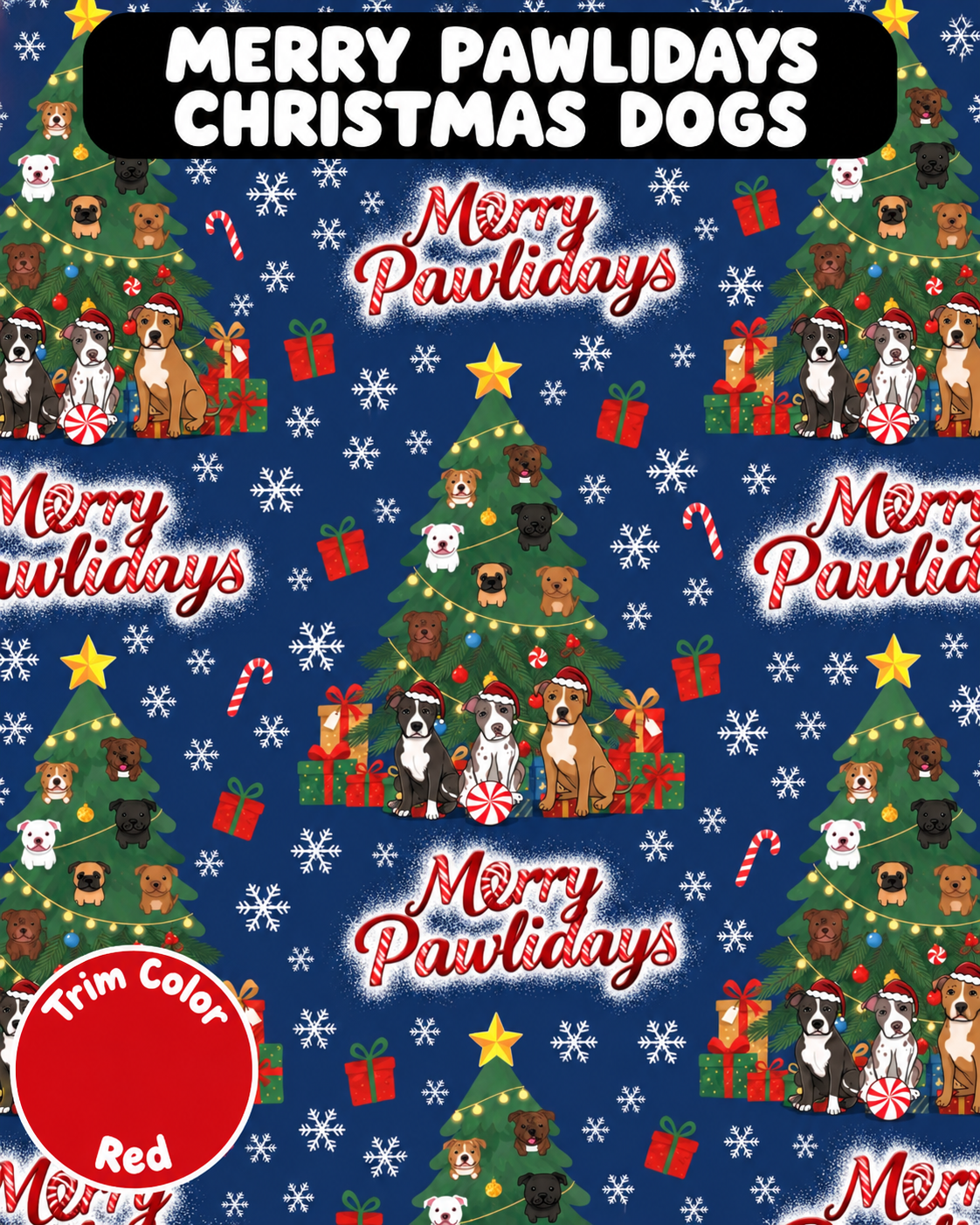 Merry Pawlidays Christmas Tree Pups - Dog Pajama with Red Neck & Trim/Sleeves