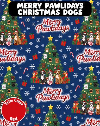 Merry Pawlidays Christmas Tree Pups - Dog Pajama with Red Neck & Trim/Sleeves