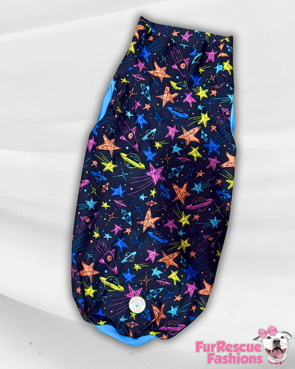 Planets & Stars - Dog Pajama with Blue OR Fuchsia Neck & Trim/Sleeves