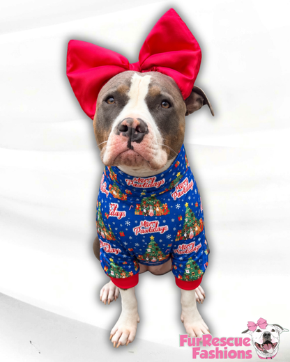 Merry Pawlidays Christmas Tree Pups - Dog Pajama with Red Neck & Trim/Sleeves