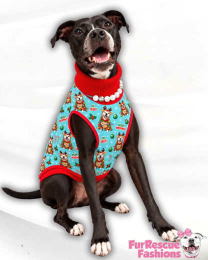 Oh Deer! Reindeer Pitties Christmas - Dog Pajama with Red Neck & Trim/Sleeves