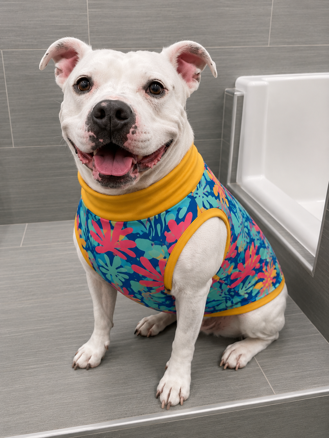 Tropical Coral Reef - Dog Pajama with Mustard Neck & Trim/Sleeves