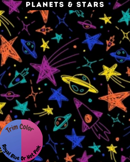 Planets & Stars - Dog Pajama with Blue OR Fuchsia Neck & Trim/Sleeves