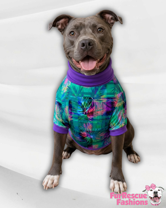 Neon Jungle Dreams - Dog Pajama with Purple Neck & Trim/Sleeves