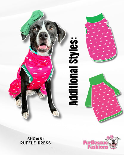 Preppy Dinos (Hot Pink) - PAWjama with Green & White Woven Trim/Collar