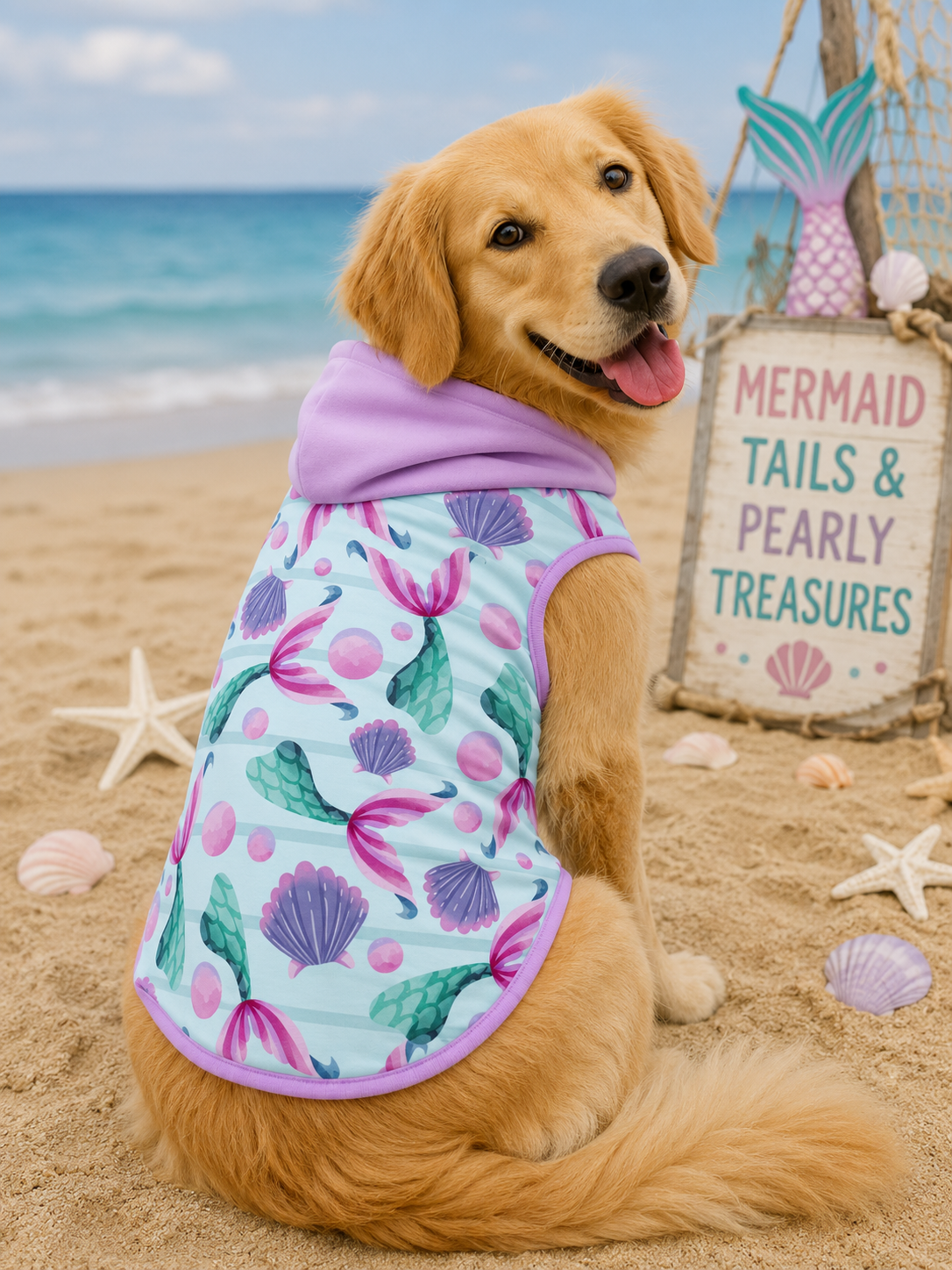 Mermaid Tails & Pearly Treasures   - Dog Pajama with Lavender Neck & Trim/Sleeves