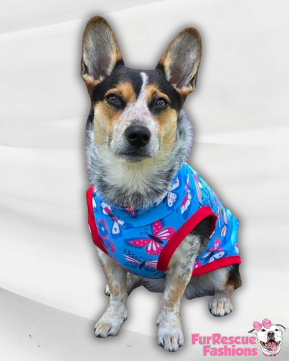 Patriotic Butterflies - Dog Pajama with Red Neck & Trim/Sleeves
