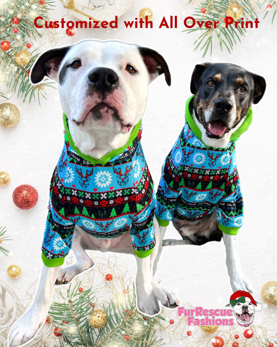 Dashing Through The Snow (Blue) - PAWjama with Bright Green Neck & Trim/Sleeves