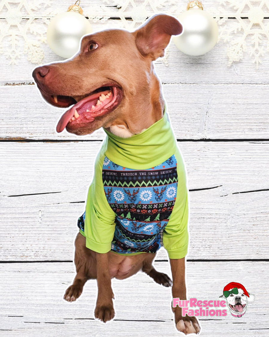 Dashing Through The Snow (Blue) - PAWjama with Bright Green Neck & Trim/Sleeves