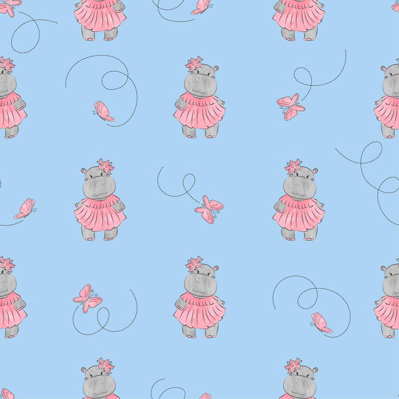 Spring Hippo & Butterflies- PAWjama with Gray/Pink Neck & Trim/Sleeves