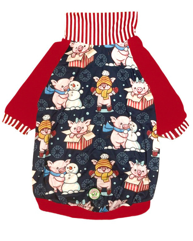 Piggies in Winter Paradise - PAWJama with Stripes or Solid Red Trim/Sleeves